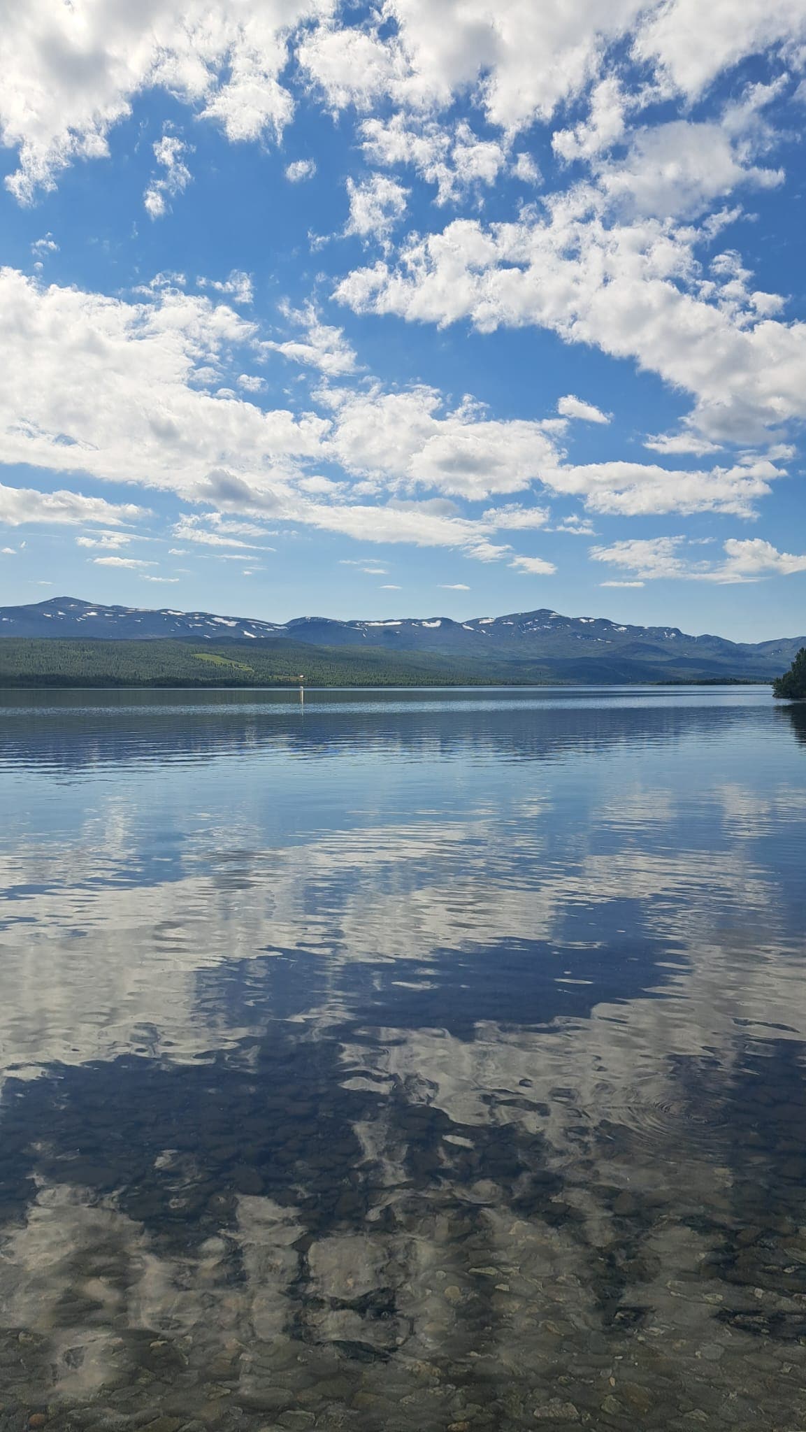 Clouds mirrored in the clear shallow water of a Norwegian mountain lake