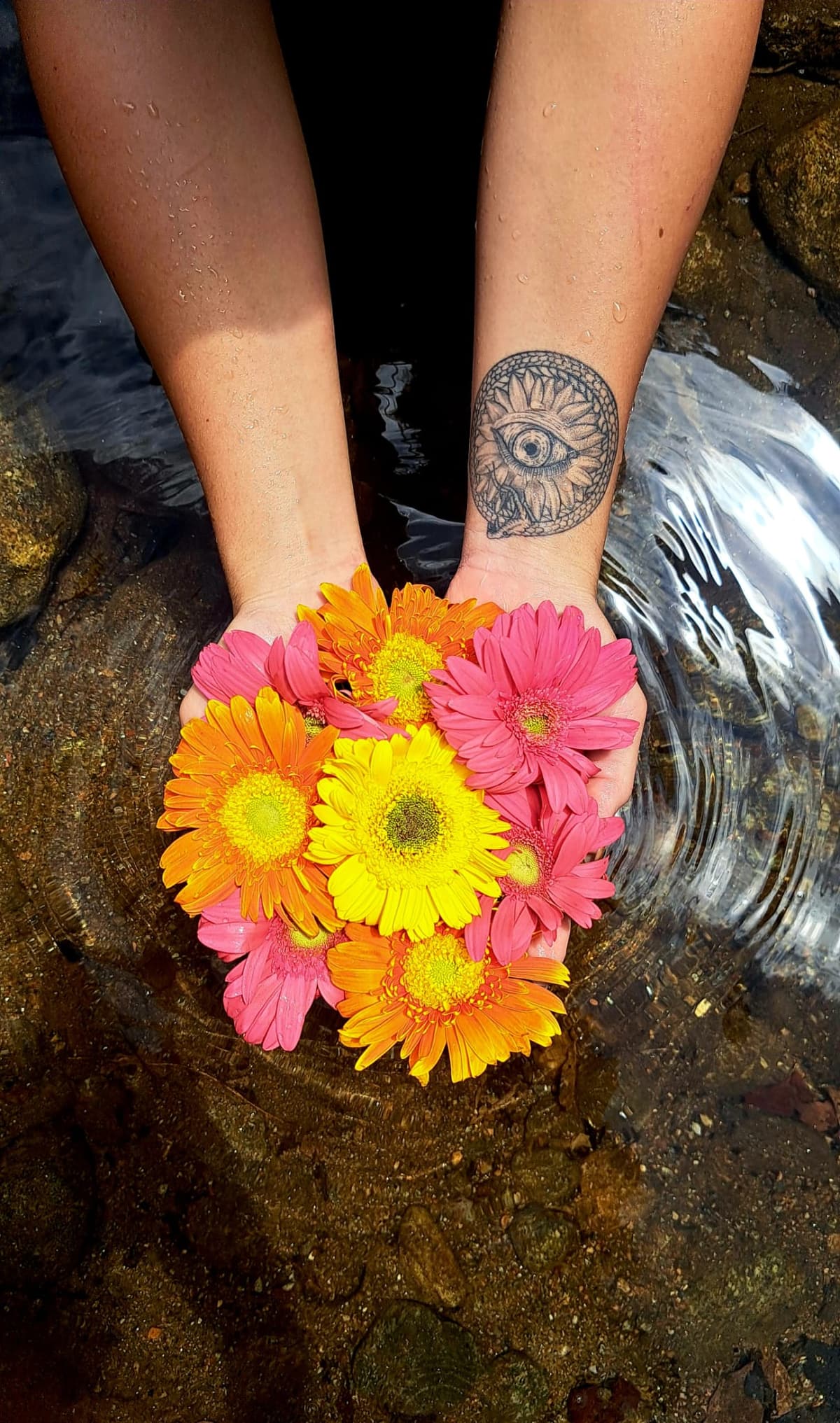 Hands holding bright gerbera flowers just above clear river water in Vietnam, a sun mandala tattoo visible on the wrist